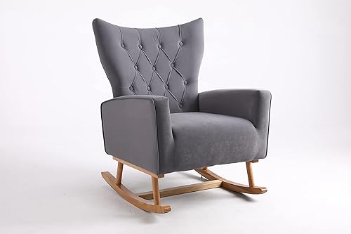 Miniatura 4 de Accent Rocking, mecedora tapizada de terciopelo de mediados de siglo con patas de madera, sillón de lectura para sala de estar, asiento acolchado,