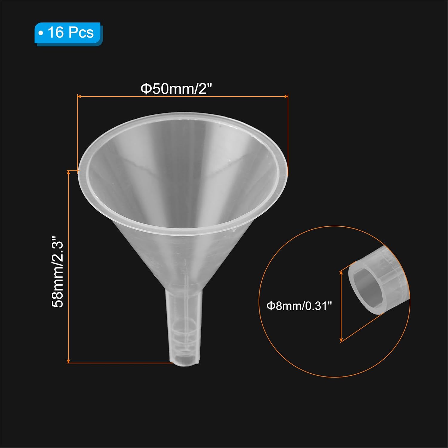 PATIKIL 2 Inch Clear Plastic Funnel, 16 Pcs Wide Mouth Multipurpose Transfer Funnel with Long Spout for Filling Water Bottle Liquid Lab Spices Powder Oil