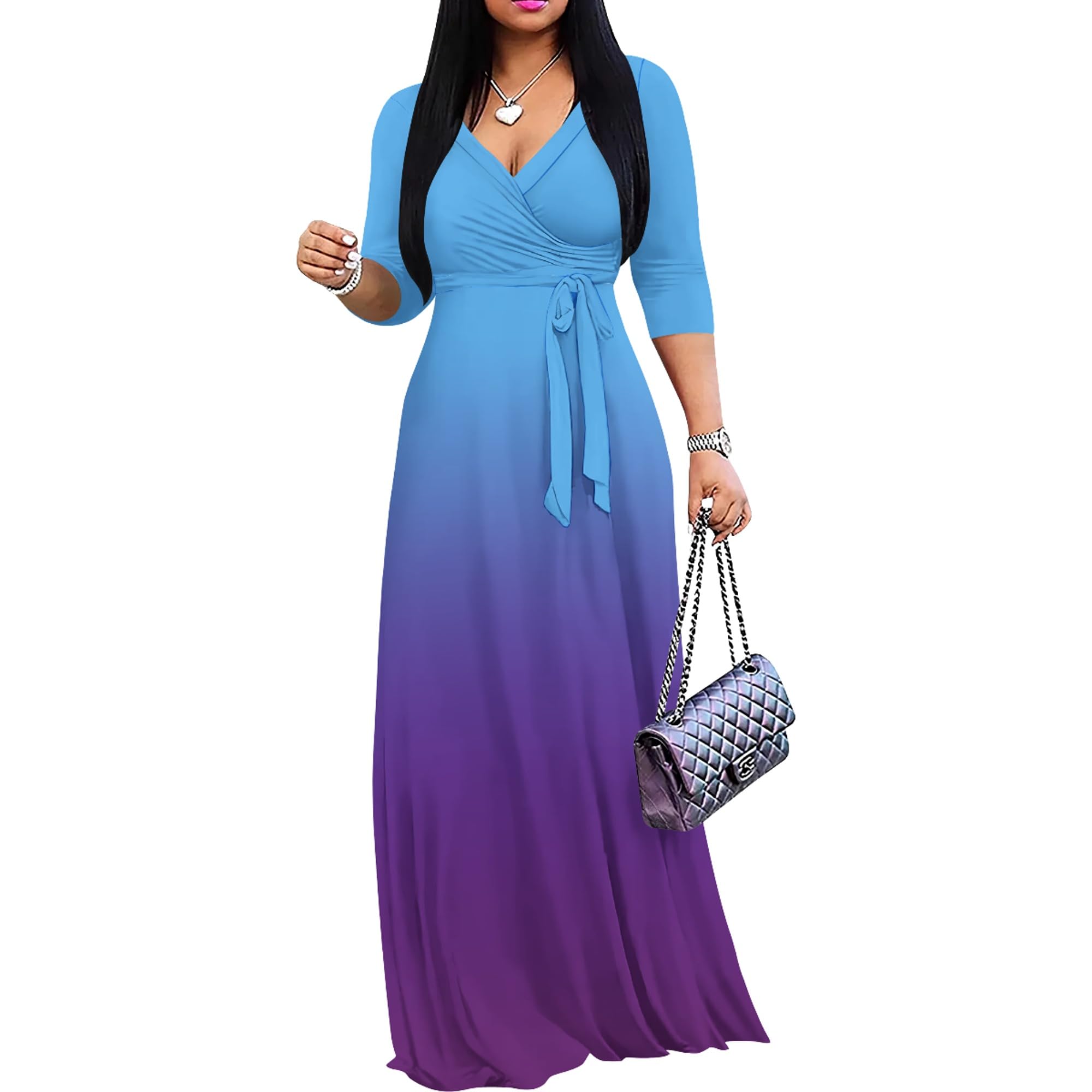PinkPatty Women's Plus Size Maxi Dresses Casual Flowy 3/4 Sleeves Dress Printed Vacation Dress for Daily Wear with Belt