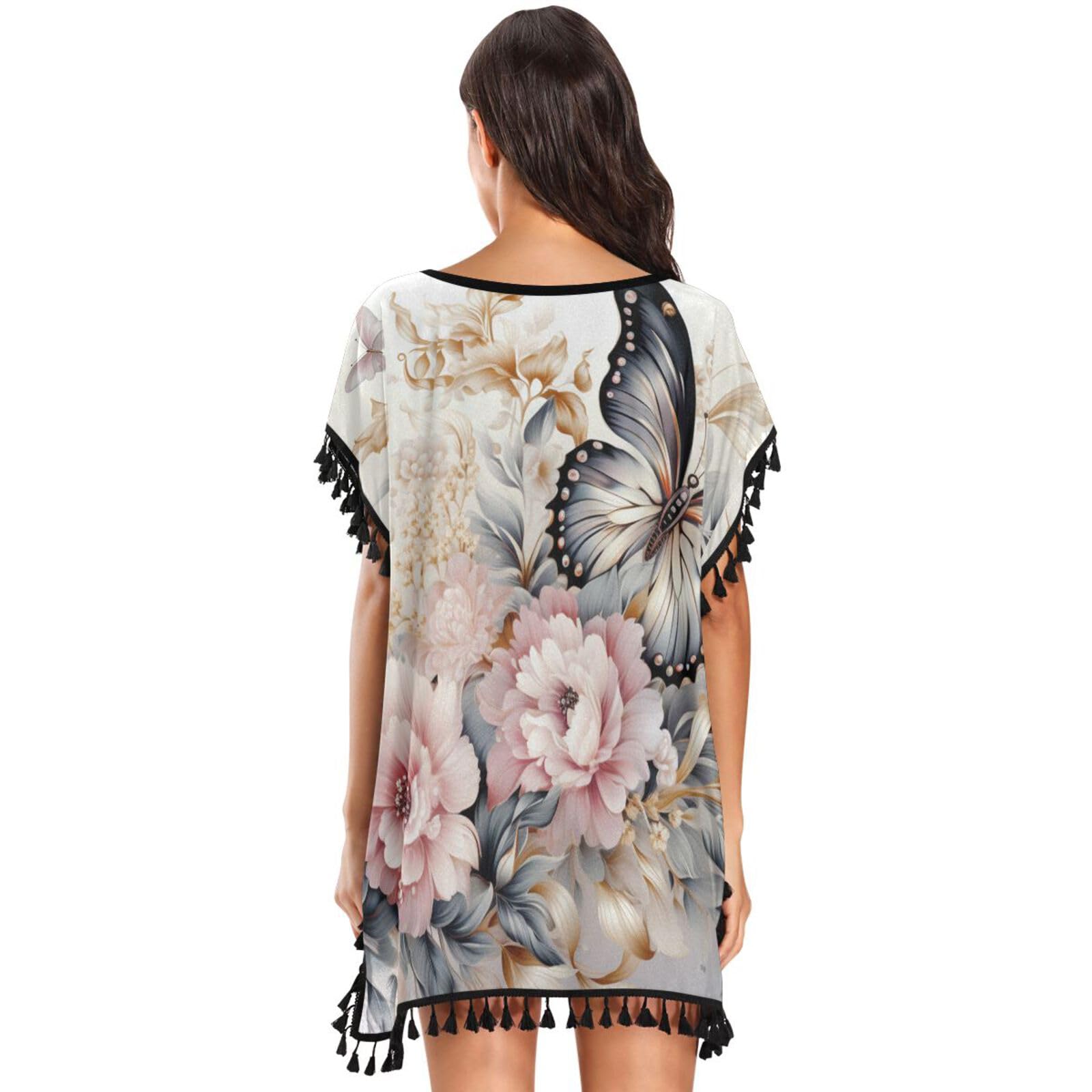 Oil Painting Flower Butterfly Art Women's Beach Cover Up Chiffon Tassel Swimwear Swimsuit Coverups for Girl