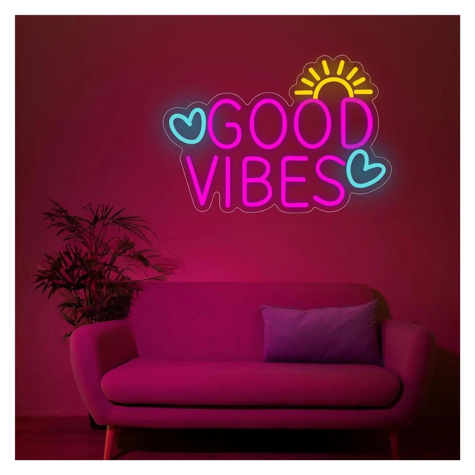 Luz de Diseño de Digital Letrero De Neón Rosa Good Vibes Luz LED Regulable Alimentada Por USB Para Sala De Estar, Dormitorio Decoración, Arte De Pared Para El Hogar 28.7cm×41.9cm