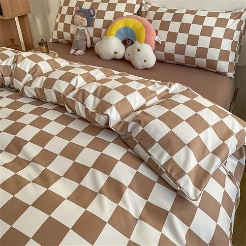 Miniatura 5 de Wellboo Juegos de Edredón de Cuadros Marrón Claro Tamaño Full para Mujeres y Hombres, Ropa de Cama de Cuadrícula de Tablero de Ajedrez Crema, Café y