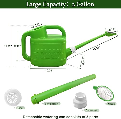 Miniatura 3 de Qilebi - Regadera de 2 galones para plantas de exterior, regaderas con pico largo extraíble y cabeza rociadora de acero inoxidable, regadera grande