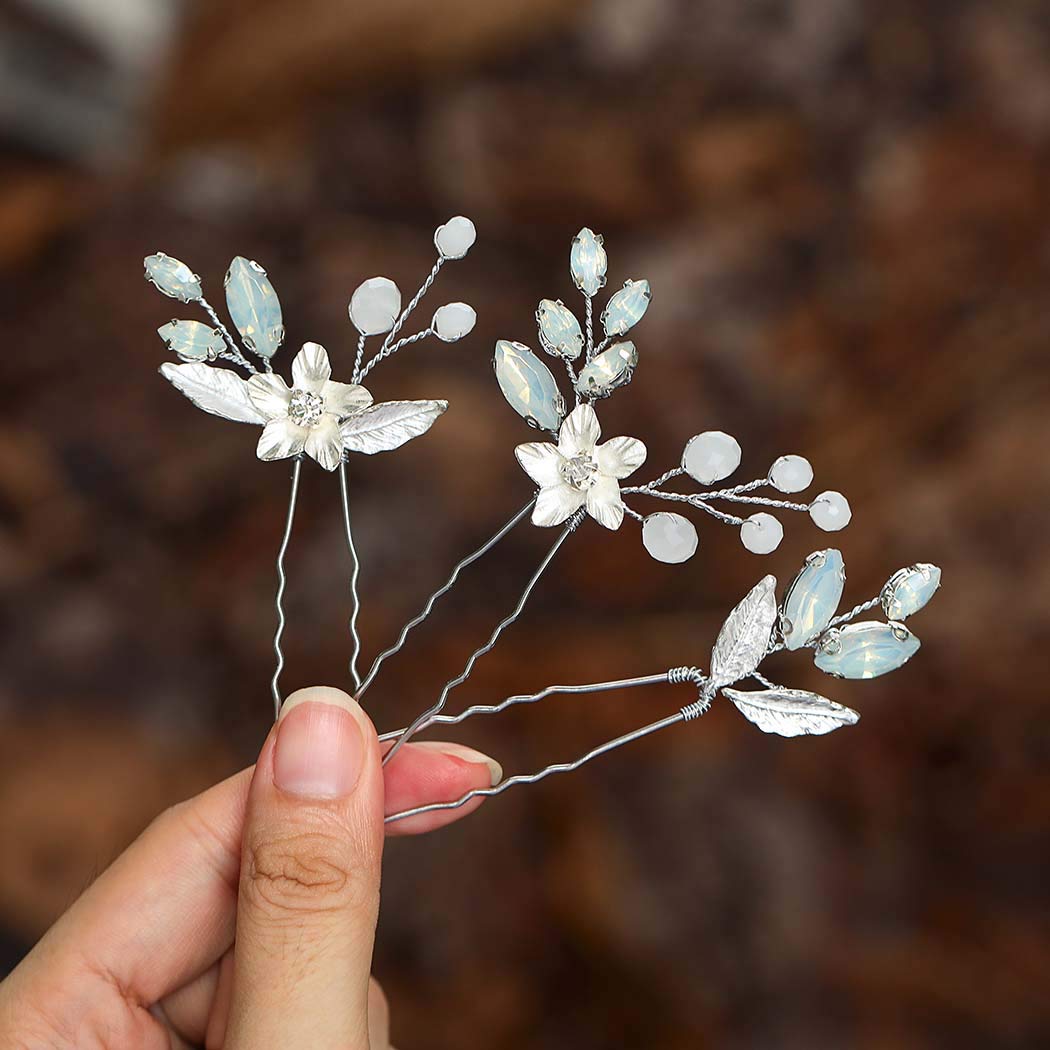 Casdre Crystal Bride Wedding Hair Pins Silver Flower Bridal Hair Piece Rhinestone Hair Accessories for Women and Girls (Pack of 3) (Set 12) : Beauty & Personal Care
