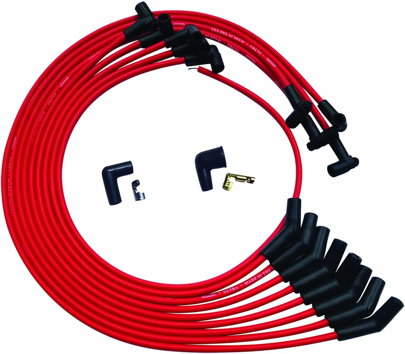 Moroso 52030 Ultra Series Red Spark Plug Wires, Small Block Chevy, Under Header Routing, 135 Degree Plug Ends, HEI Distributor