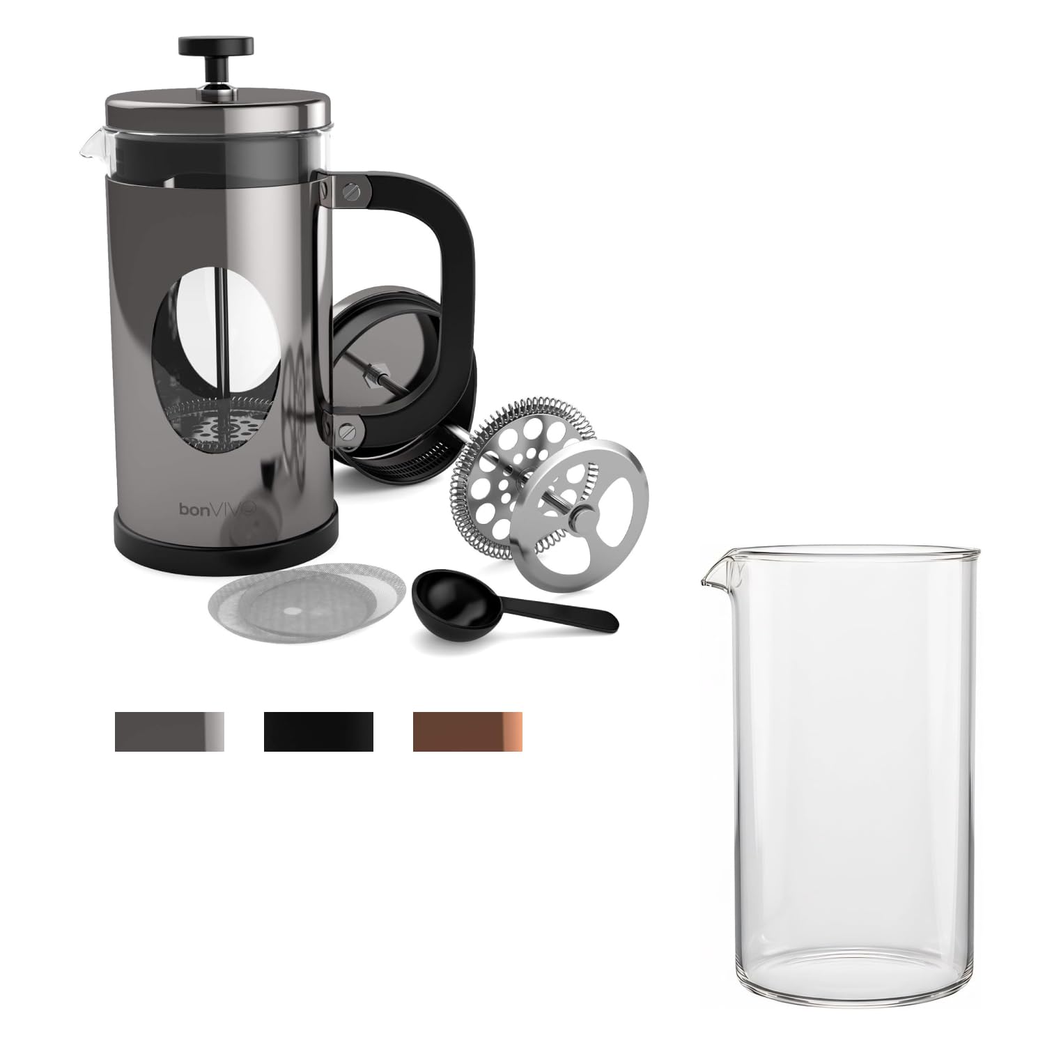 bonVIVO French Press 8 Tazze Argento con Caraffa di Ricambio in Vetro 1L - Caffettiera a Stantuffo per Caffè, Tè e Cold Brew