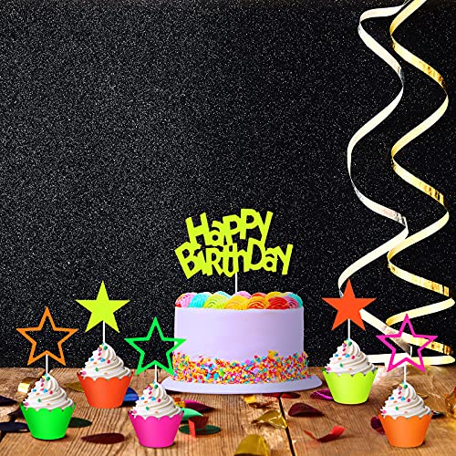 41 Pieces Glow Neon Birthday Party Decorations, Includes Yellow Happy Birthday Cake Topper Neon Cupcake Wrappers And Hollowed Out Star Cupcake Toppers For Wedding Black Light Reactive Party Decoration #TOP2