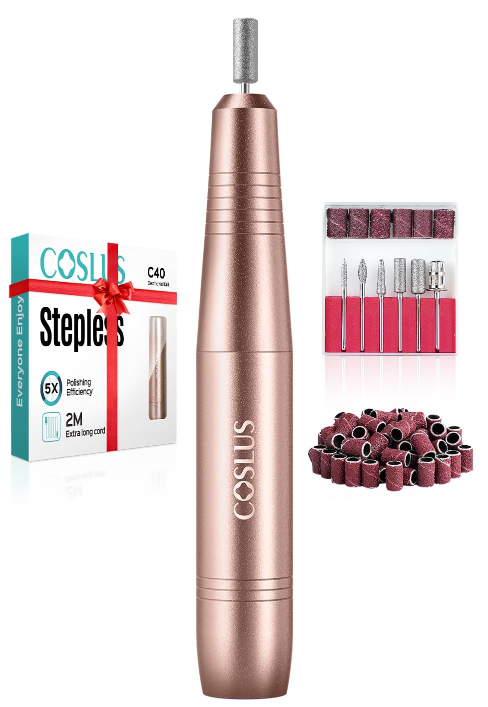 COSLUS C40 Elektrische Nagelfräser für Gelnägel: 20000 u/Min Draht Einstellbare Geschwindigkeit and Drehrichtung Maniküre und Pediküre set，Nagelfeile Fräser für Gelnägel Acrylnägel (Rosagold)