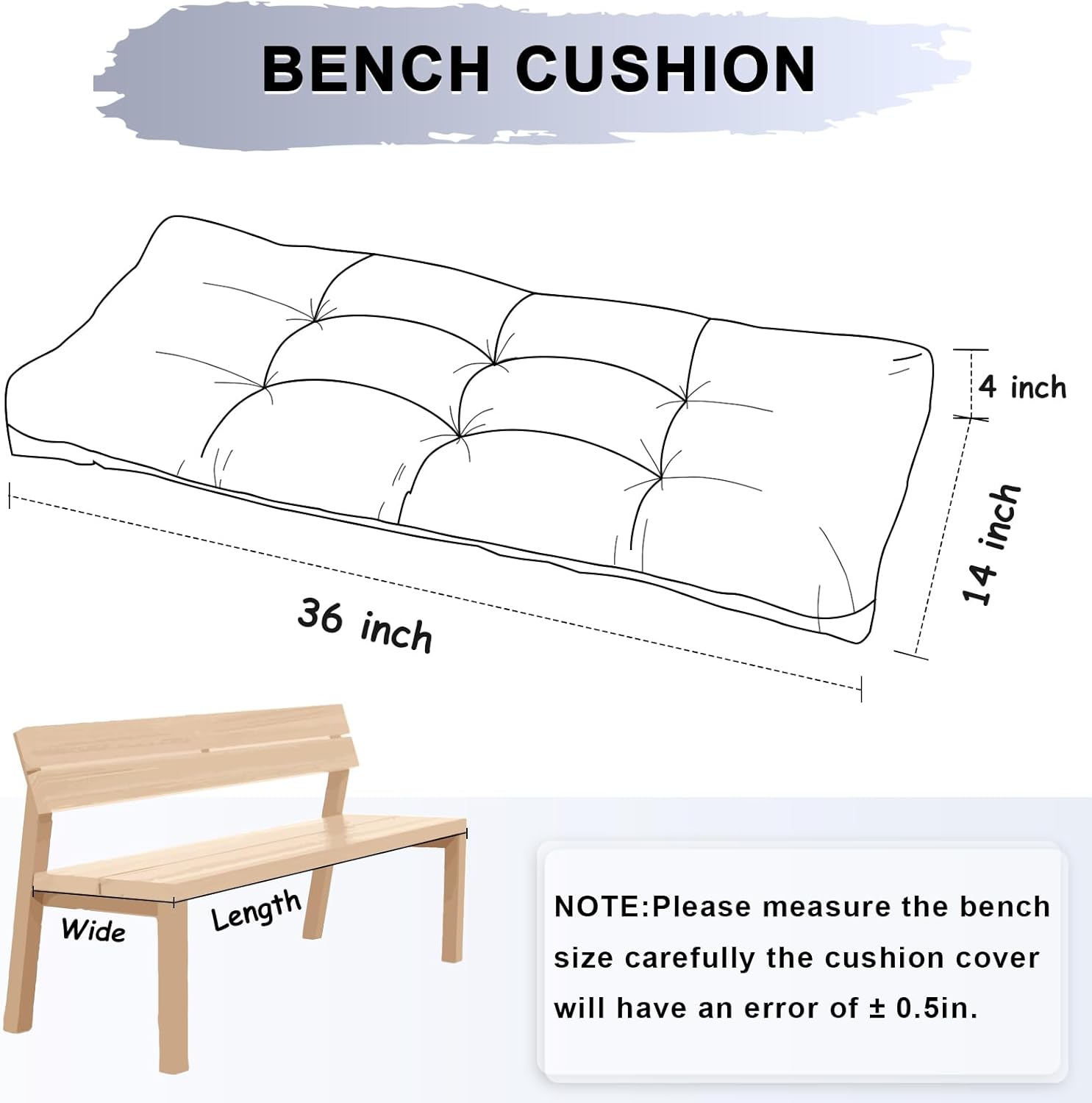 36 Inch Bench Cushion, Tufted Window Seat Cushion with High-Density Memory Foam, Soft Chenille Non-Slip Indoor Furniture Pad for Bay Window, Dining Bench, Entryway (Light Gray, 36x14x4)