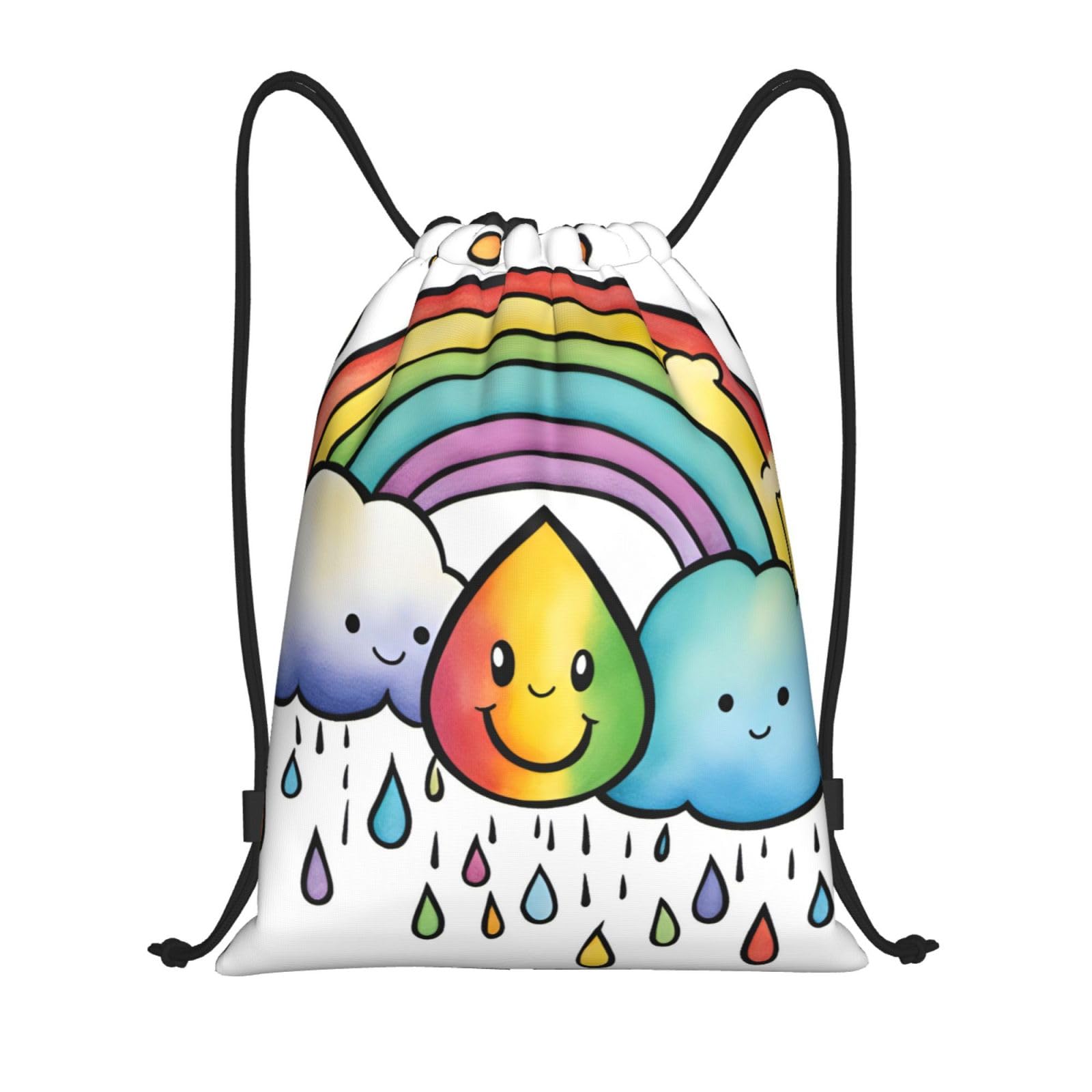 Wurton Unisex Black Rainbow Clouds Raindrop 1 Print Drawstring Sport Bags Pull String Bag For All Occasions Gym Sack,Sports,Travelling, M