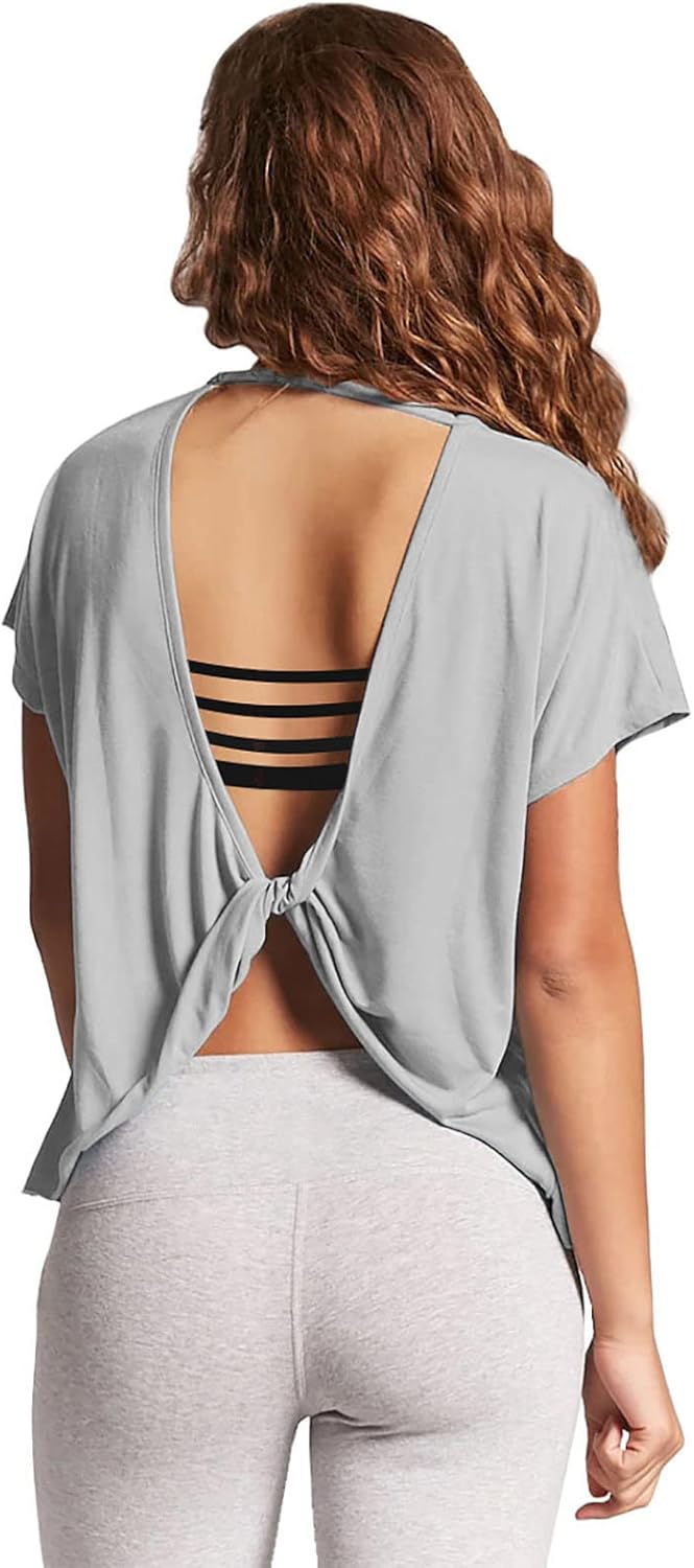 Mippo Womens Open Back Workout Tops Loose Short Sleeve Athletic Gym T Shirts