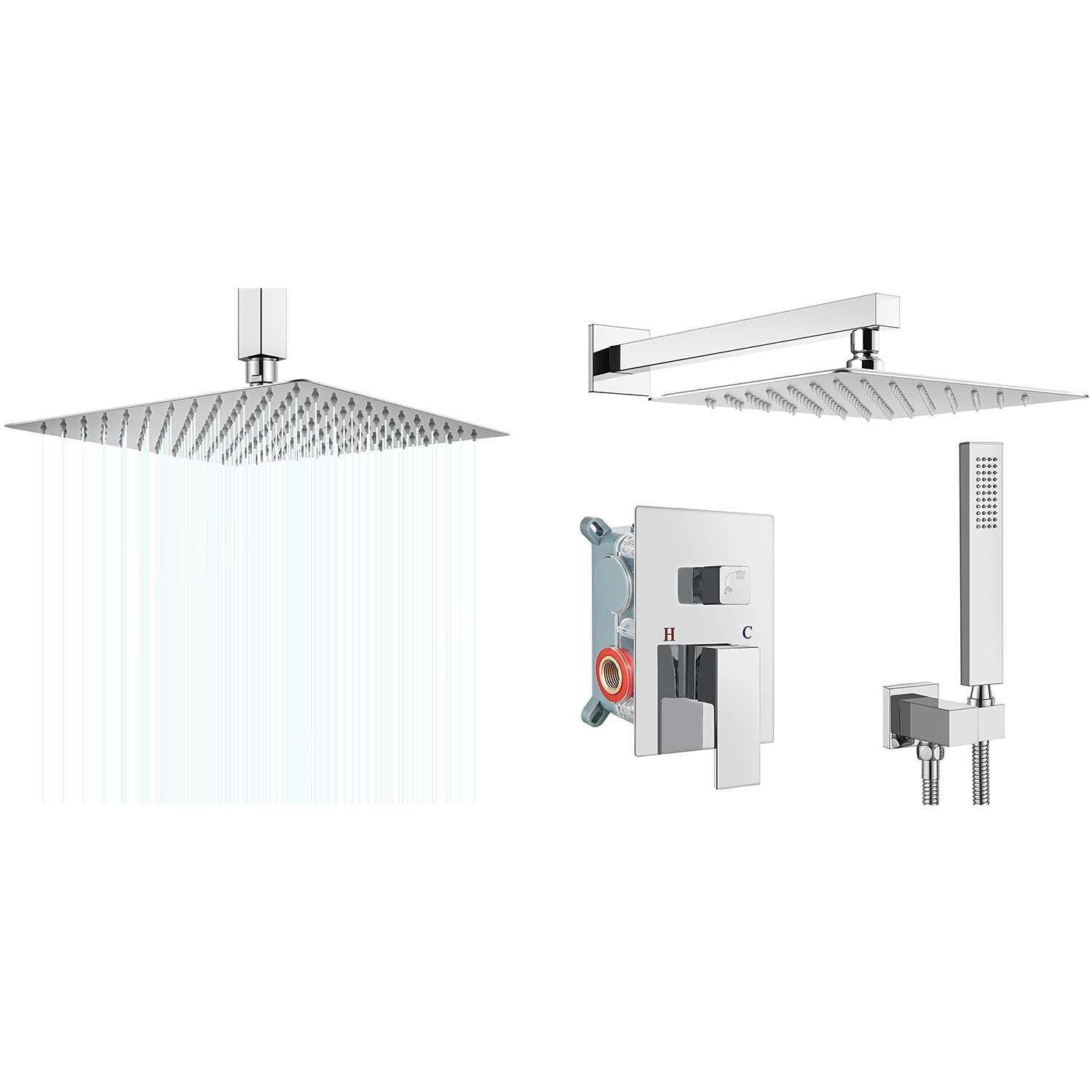 Hcfyauis Polish Chrome 10 Inch Shower Faucet Set Wall Mount Square Rainfall Shower Head Matching With 12 Inch Square Rain Shower Head Polish Chrome Stainless Steel Rainfall Showerhead