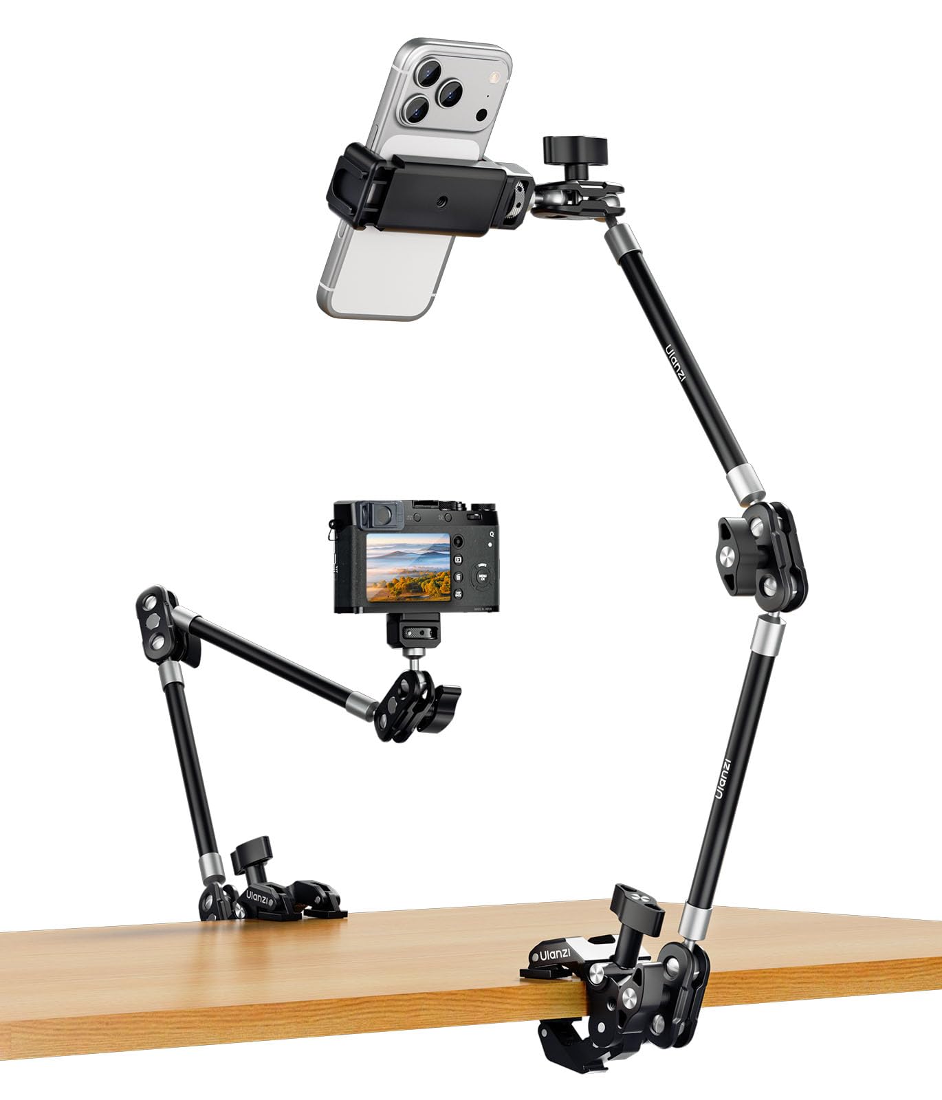ULANZI C078 Magic Arm mit Klemme, Overhead Stativ mit 360°-Kugelkopf, Klemmstativ mit Handyhalterung, 1/4"- und ARRI-Positionierstifte, kompatibel mit iPhone, Licht, Webcam, Max. Belastung 1kg