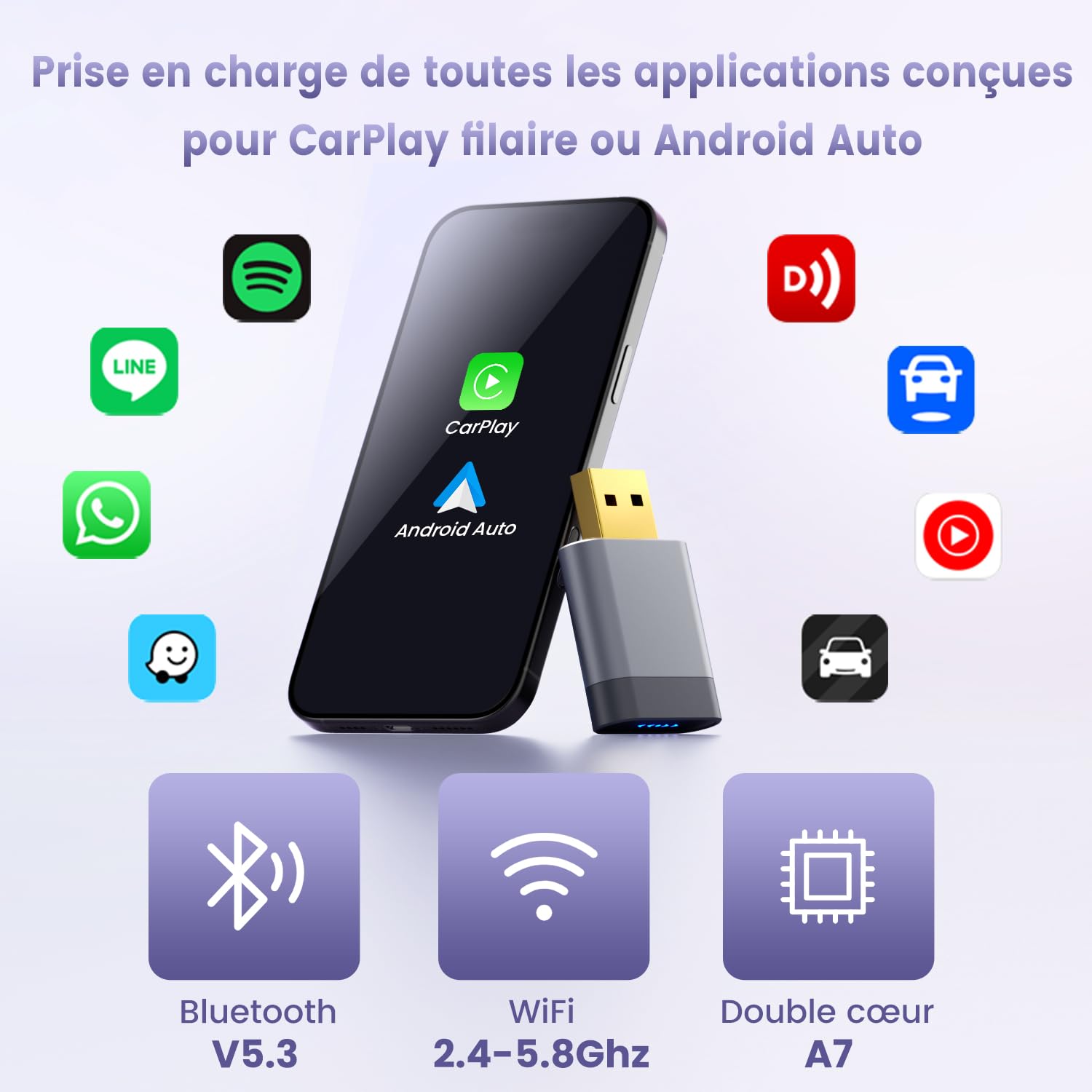 Mini Adaptateur CarPlay sans Fil pour Apple/Android Auto, sans Latence & Surchauffe, Compatible avec iPhone (iOS 10+) et Android 10+