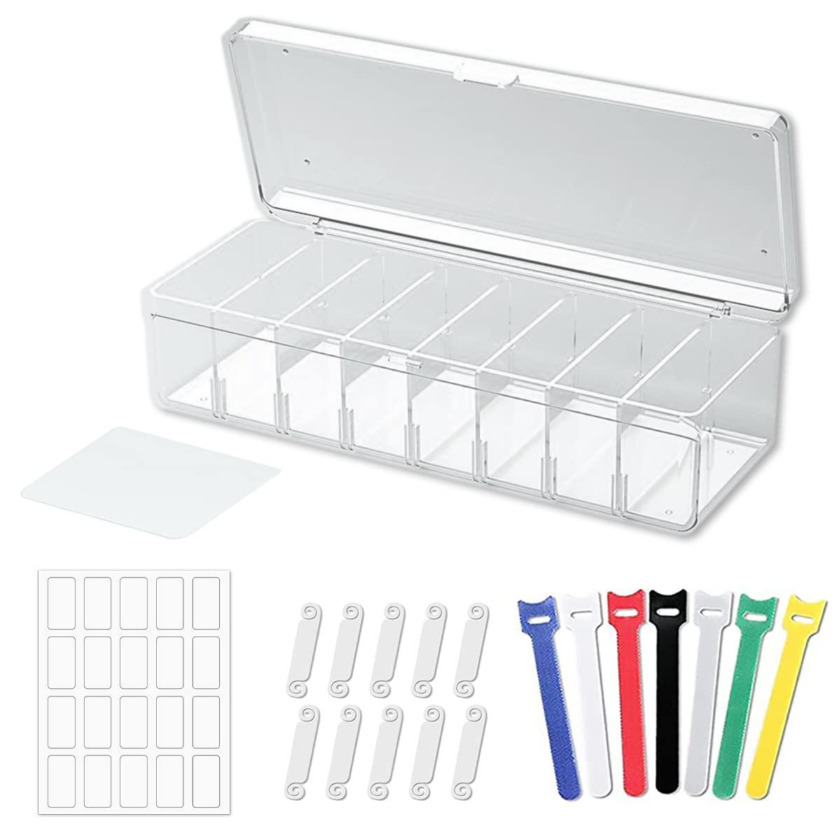 Photo 1 of 1 Set Cable Management Box , Clear Power Cord Organizer With 8 Compartments, Separator Is Removable, Desk Accessories Storage For Stationery Supply?7 Wire Ties + 10 Cable Labels?