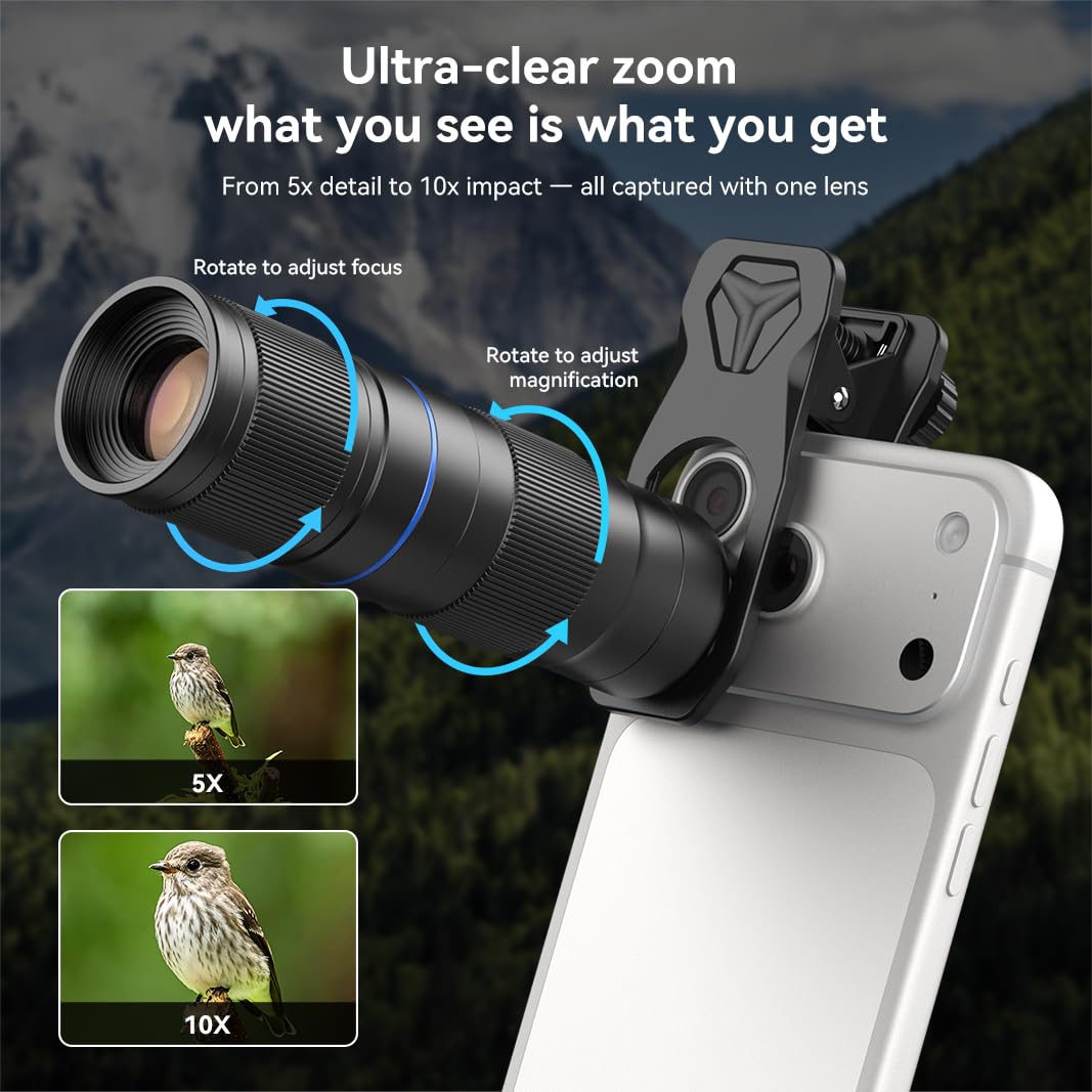 APEXEL Teleobiektyw z 5-10-krotnym zoomem do iPhone'a i Androida, powiększenie optyczne, uniwersalny obiektyw aparatu z klipsem, aluminiowy korpus lotniczy do podróży, sportu i fotografii koncertowej