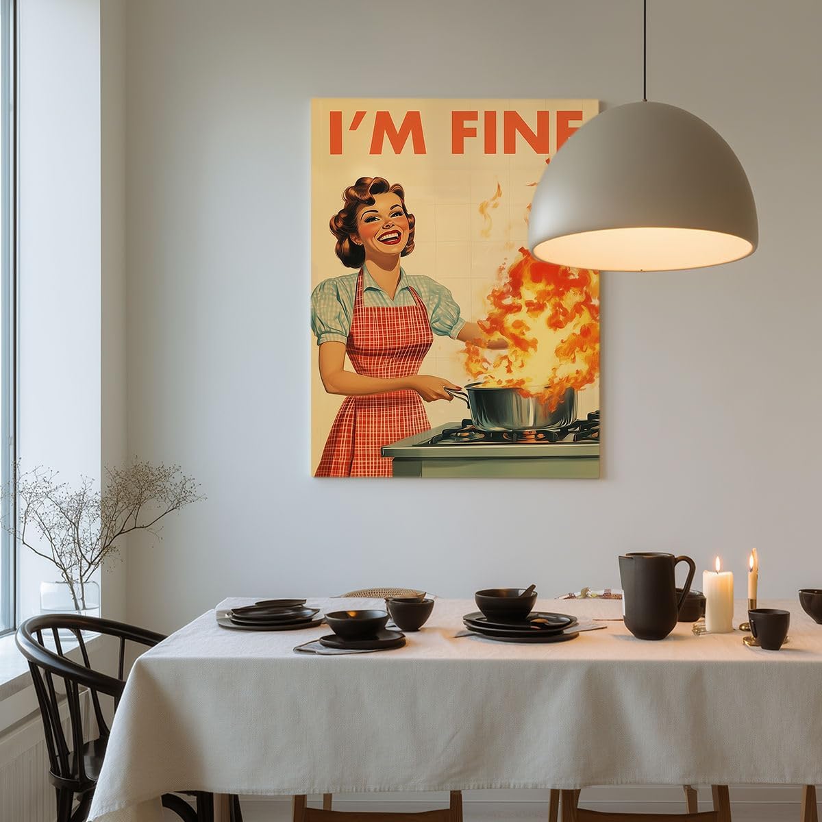 Funny Retro Kitchen Wall Art – “I’M FINE” Vintage Humor Poster – Mid Century Housewife Fire Cooking Print – Quirky Wall Decor for Home, Café, Office 12x16inch-Unframed - Image 8