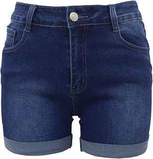 Women's Washed Roll-Up Denim Shorts Solid Mini Jeans Denim Shorts Mid Waisted Rolled Hem Stretch Denim Shorts