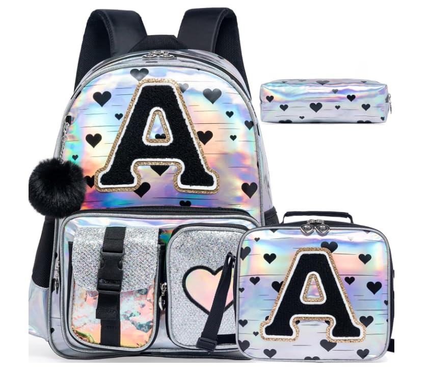 Meetbelify Mochila para meninas com letras para estudantes do ensino fundamental e adolescentes bolsa escolar fofa para crianças de 8 a 10 anos, Prata, 16.5'x11.8'x7.8', Moderno
