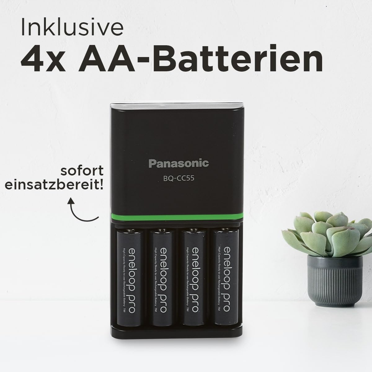 eneloop SmartPlus-Ladegerät für 1–4 AA/AAA NI-MH-Akkus, mit 4 eneloop pro AA/Mignon-Akkus mit 10 Sicherheitsfunktionen