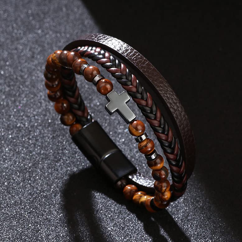 COLORFUL BLING Genuine Leather Cross Bracelet for Men Vintage Braided Mutilayer Sideway Cross Cuff Wristband Religious Confirmation Christian Prayer Jewelry2