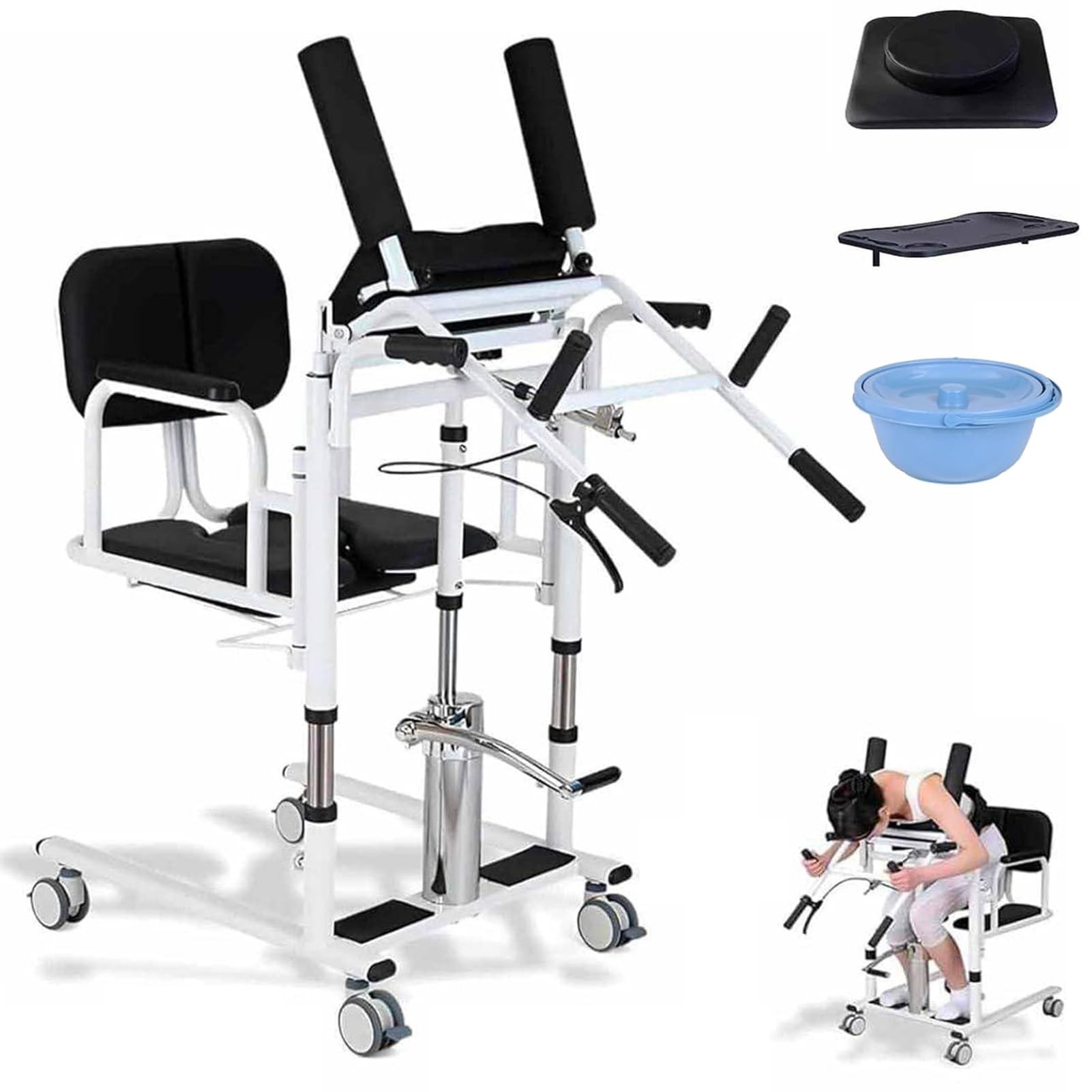 Joyfitness Patient Lift Transfer Chair for Home, Hydraulic Lifting Transfer Chair for Elderly Transport, 180° Split Seat, Detachable Potty & Tabletop, Lockable Wheels, 41-65cm Lift, 440Lbs Max