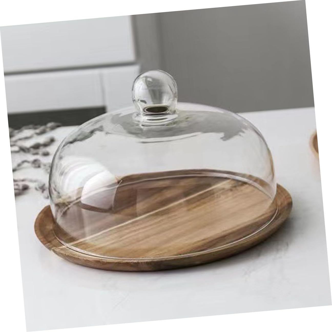 CLISPEED Bandeja de Madera Acacia 25 Cm Cúpula de Vidrio Transparente, Soporte para Pasteles y Postres, Bandeja de Exhibición para Repostería, Adecuado para Cocina y Eventos