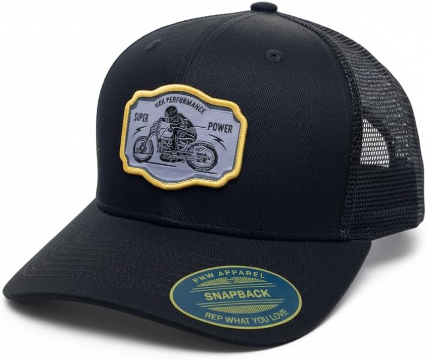 PNW Apparel Motorcycle Trucker Hat - Mesh Snapback Baseball Cap w/High Performance Super Power Woven Patch