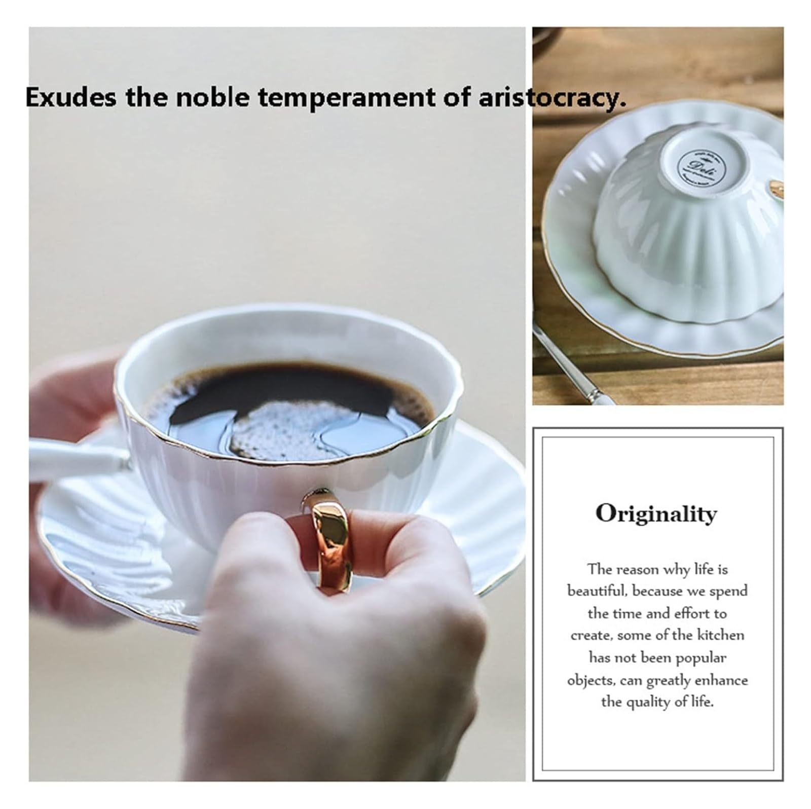 Elegancki zestaw filiżanek do kawy z porcelany kostnej ze spodkiem i łyżeczką - retro francuski design na poranną herbatę, odporny na ciepło