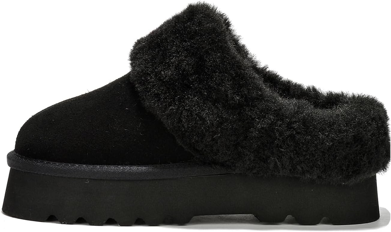 Project Cloud Womens Slippers - Water Resistant House Slippers - Fuzzy Fur Lining & Wool Collar House Shoes - Cow Suede Platform Slippers for Women Indoor and Outdoor (Snowy, Black, 8)