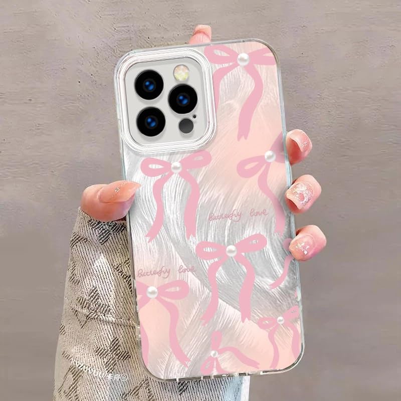 Image of COVERLY Luxury Bow & Pearl Aesthetic Designer Back Cover for iPhone 12 Pro - Slim Shockproof Soft TPU Case with Handcrafted Real Pearl Accents & Coquette Ribbon Art (Blush Pink & Pearlescent White)