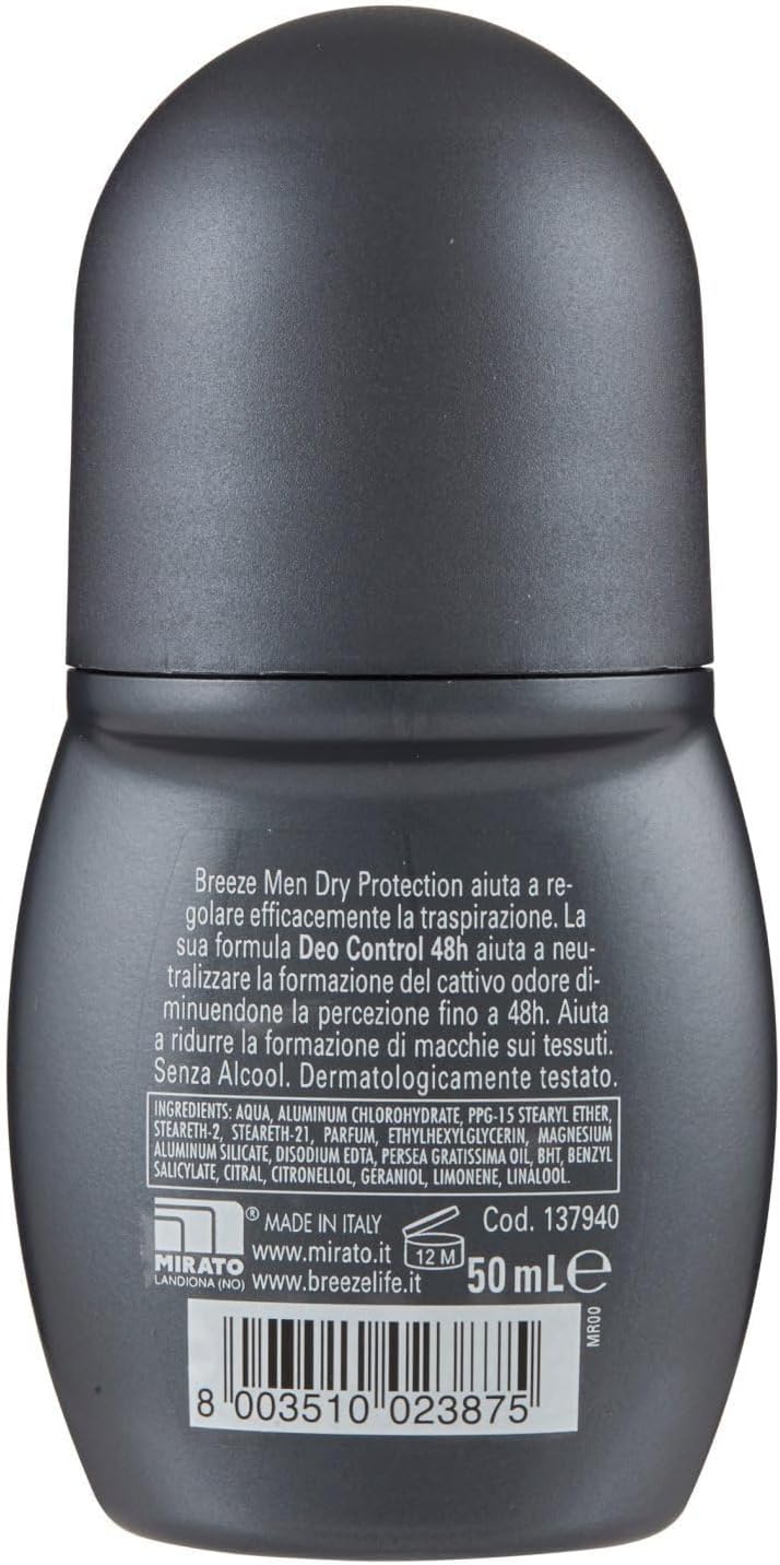 8x Breeze MEN Dry Protection Deodorante Roll-On Hilft, die Schweißbildung 48 Stunden lang wirksam zu regulieren- Deodorant 50ml + Beni Culinari Kostenloser Schlüsselanhänger