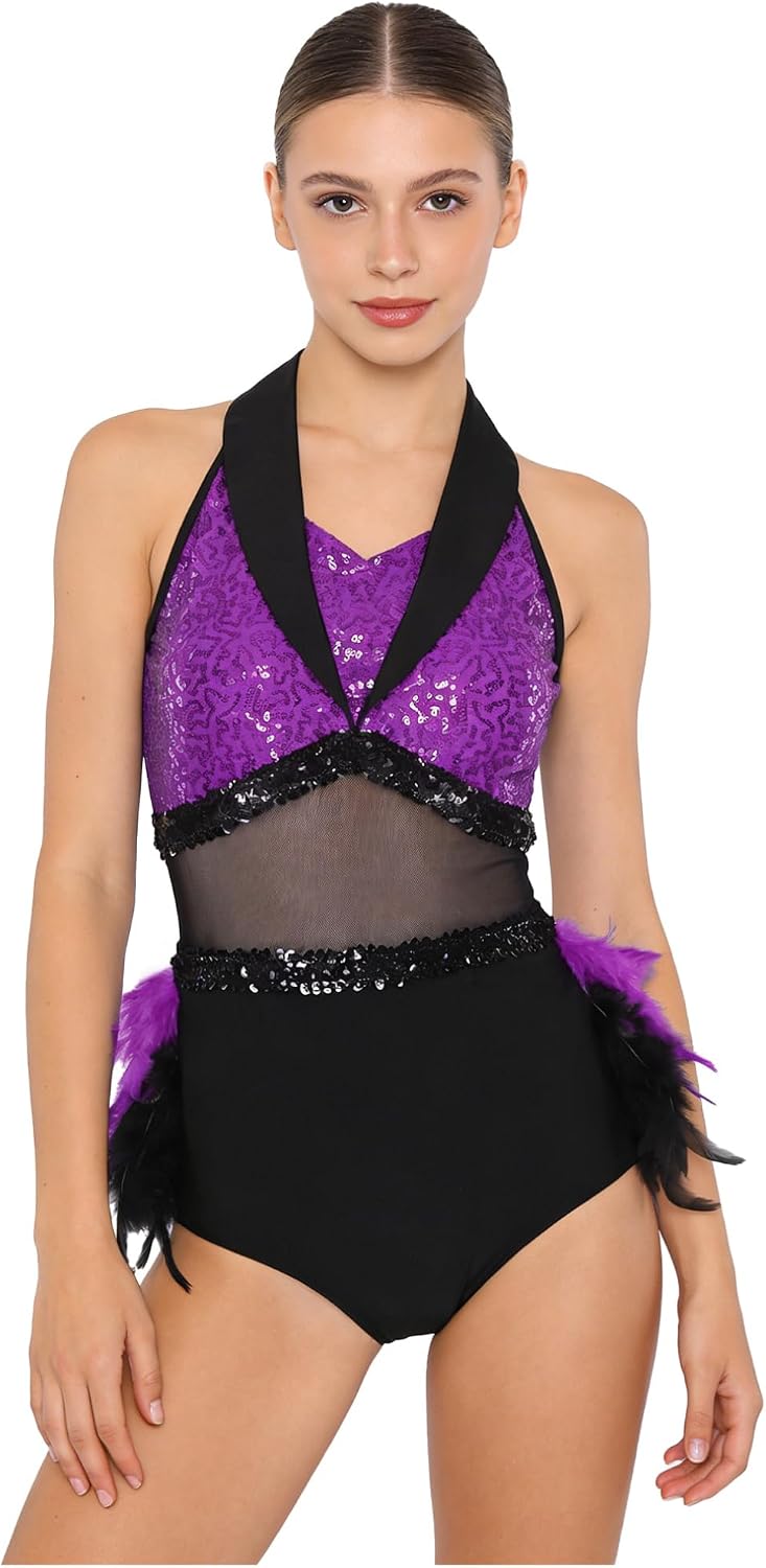 JEATHA Women's Sequin Cutout Latin Jazz Dance Leotard Bodysuit Feather Tutu Skirt Cocktail Dress for Night Out