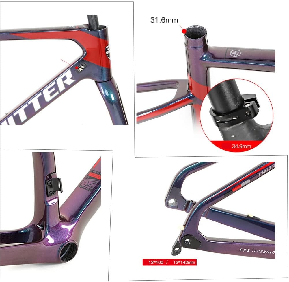 Road Bike Frameset Carbon Off-Road Racing Frame Set 100/142mm Thru Axle Disc Brake Frame 45/48/51/54cm Internal Routing(Black,48CM)