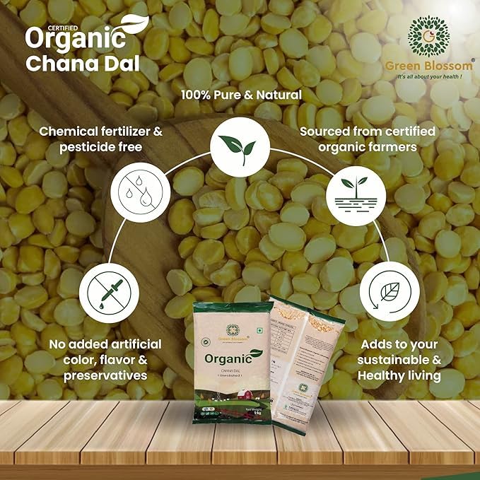 Green Blossom Organic Chana Dal | Unpolished and Gluten-Free Dal | 100% Organic | 100% Vegan - 3Kg (1kg x Pack Of 3) 1