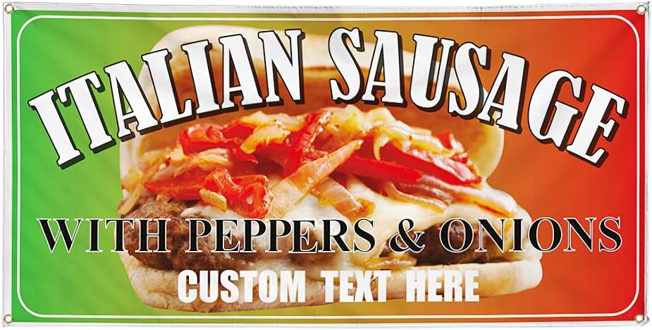 Custom Vinyl Banner Multiple Sizes Italian Sausage with Peppers and Onions Restaurant Cafe Delis Outdoor Weatherproof Industrial Yard Signs 4 Grommets Personalized Text Here 16x40Inches