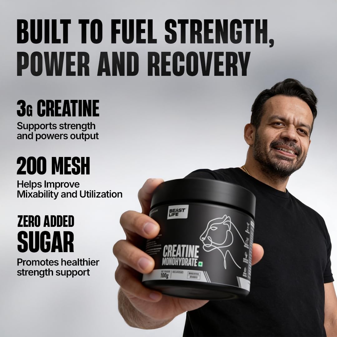 BeastLife Creatine Monohydrate Powder 100g (33 Servings) Unflavoured | Super Micronized for Fast Absorption | NABL Lab Tested | Boosts Strength & Athletic Performance