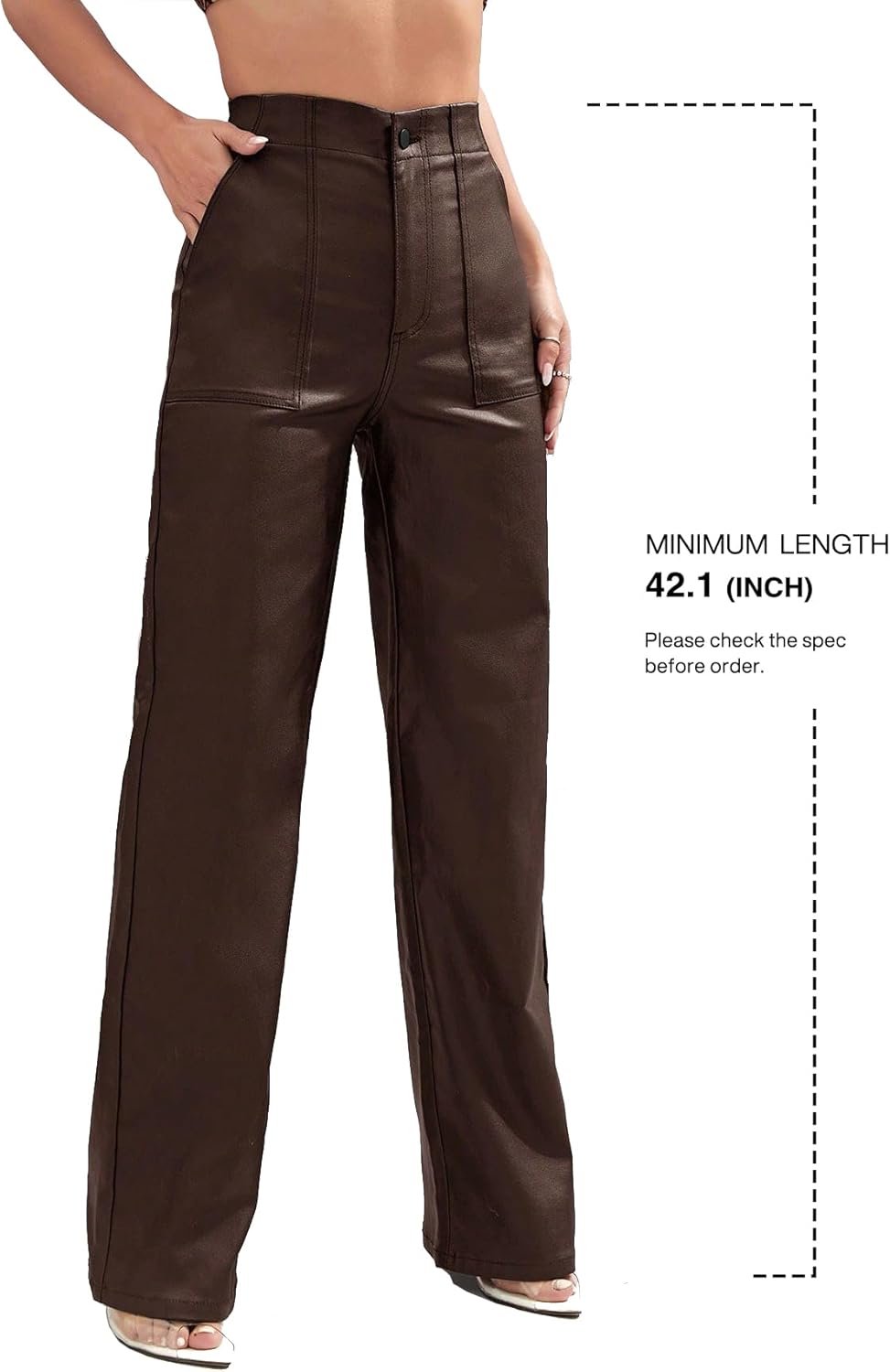 Faux Leather Pants High Waist Coated PU Button Straight Leather Black Leggings Wide Leg Pants with Pockets - Image 3