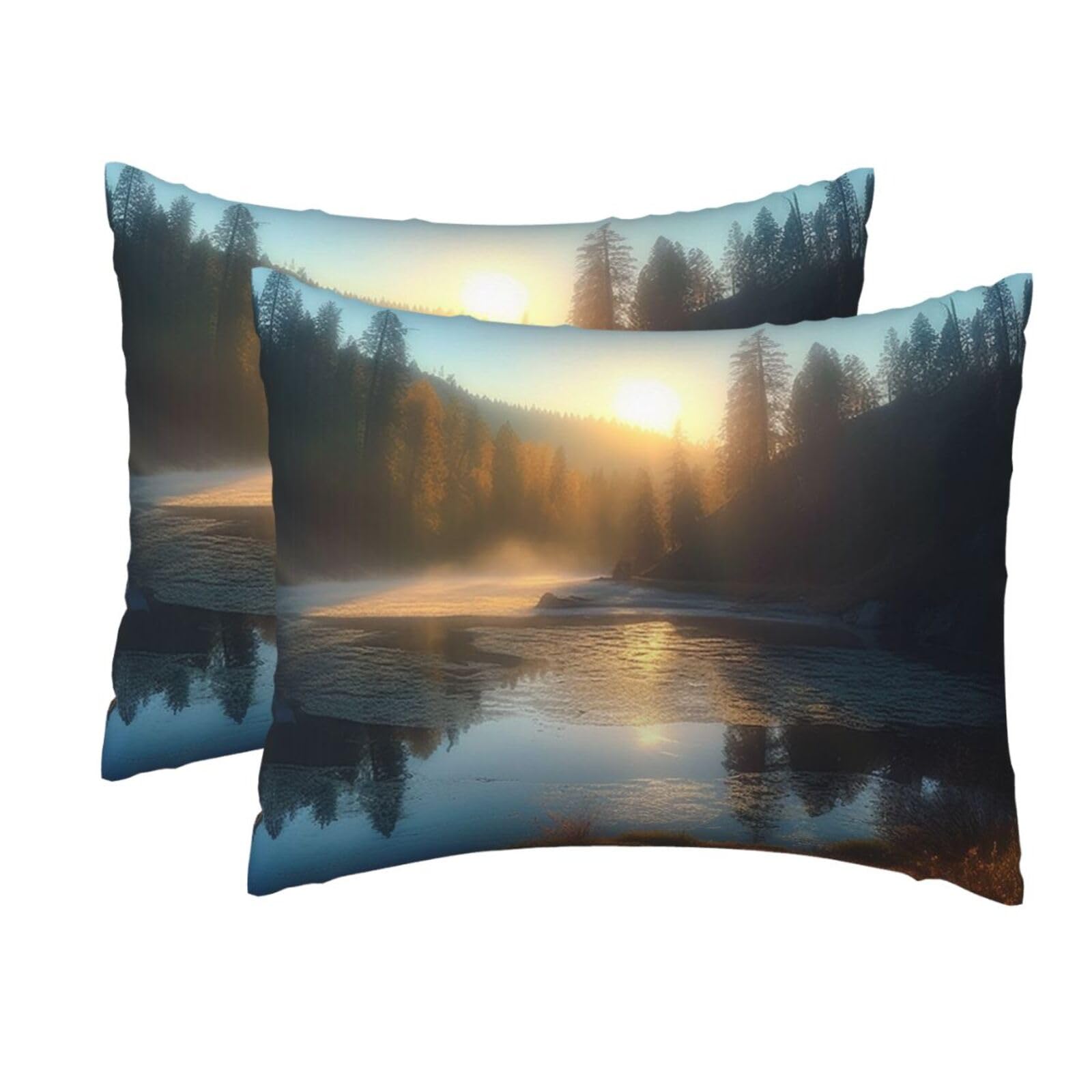 2 Pack Standard Pillow Cases with Hidden Zipper, Soft Breathable Pillow Covers for Hair and Skin, Sunrise Over Mountain Forest Lake Pillowcases 20"x26" Bed Pillow Protectors Cover for Sleeping Gifts