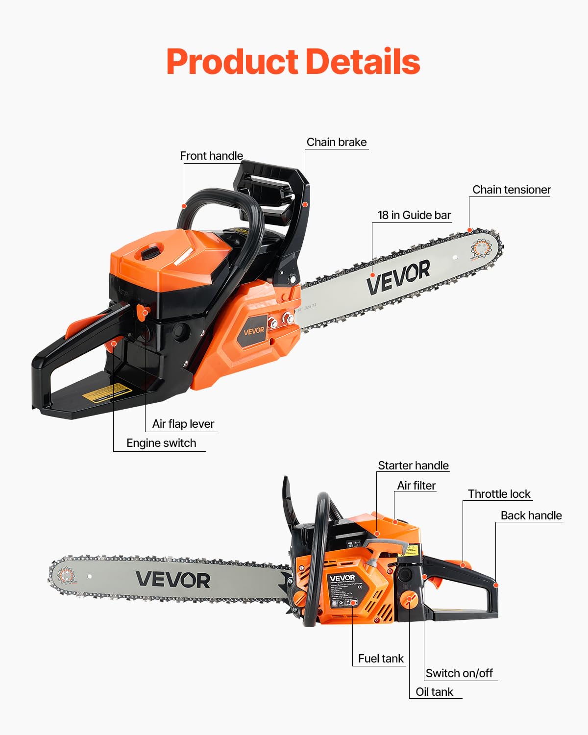 VEVOR Motosierra de Gasolina de 455 mm, Motosierra de Gasolina de 52 cc, 2,4 HP con Mango Antideslizante, Doble Depósito de Combustible, Ideal para Cortar Madera, Podar Árboles y Limpiar Terrenos