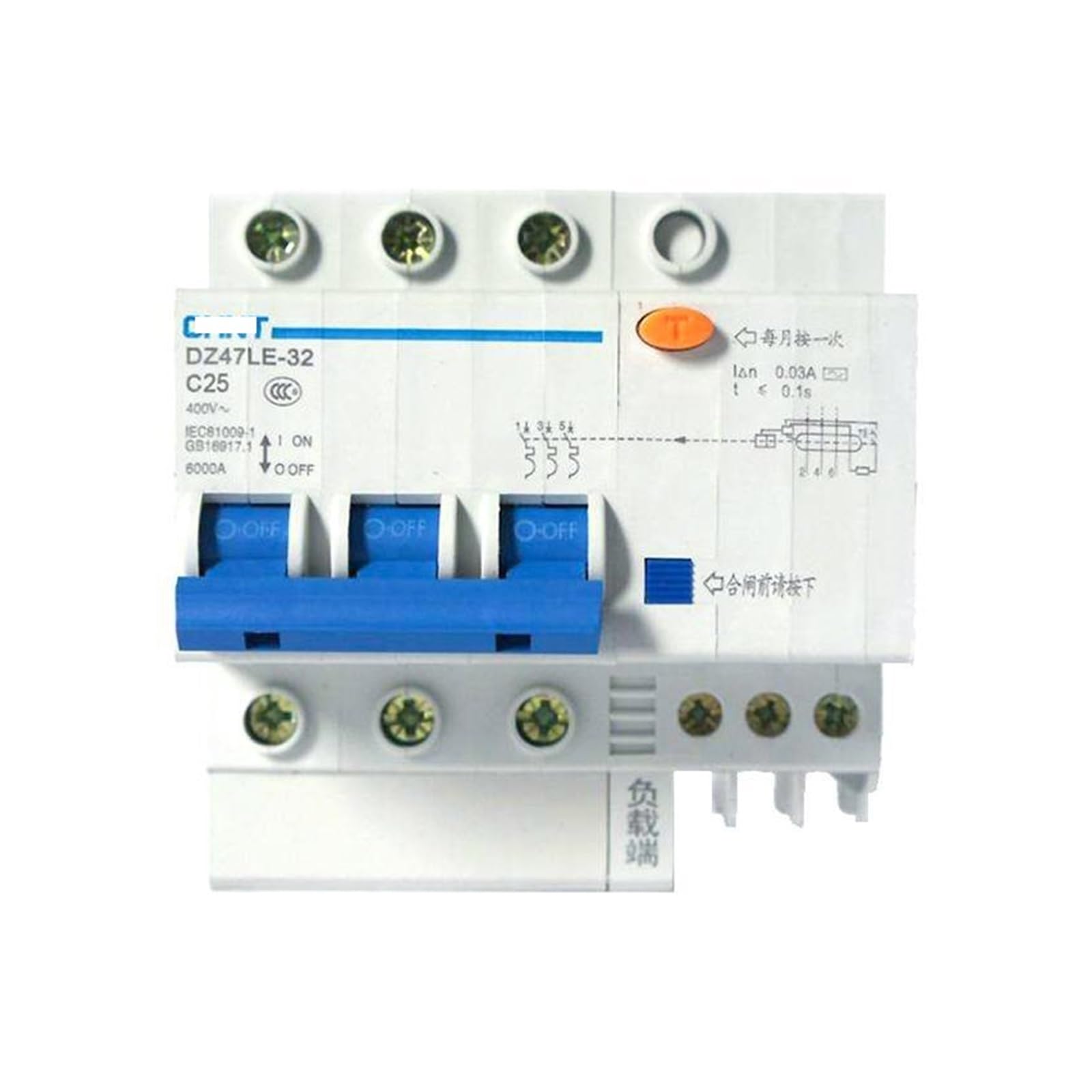 Disjoncteur DZ47LE-32 triphasé C10 300mA avec protection fuite