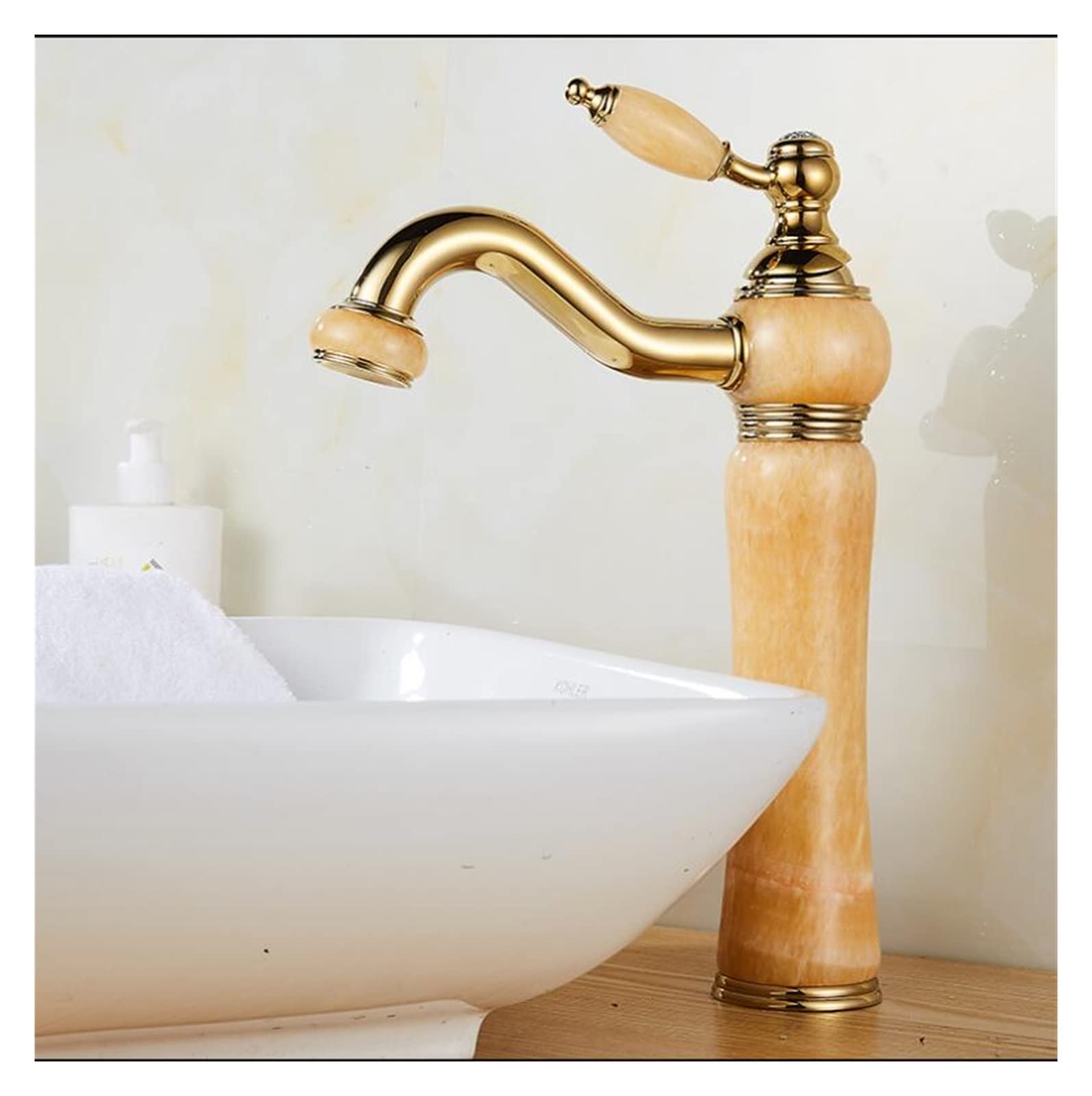 Basin Faucet Gold Crane Brass Jade Body 360 Degree Swivel Bathroom Basin Faucet Deck Mount Counter top Water Mixer Tap