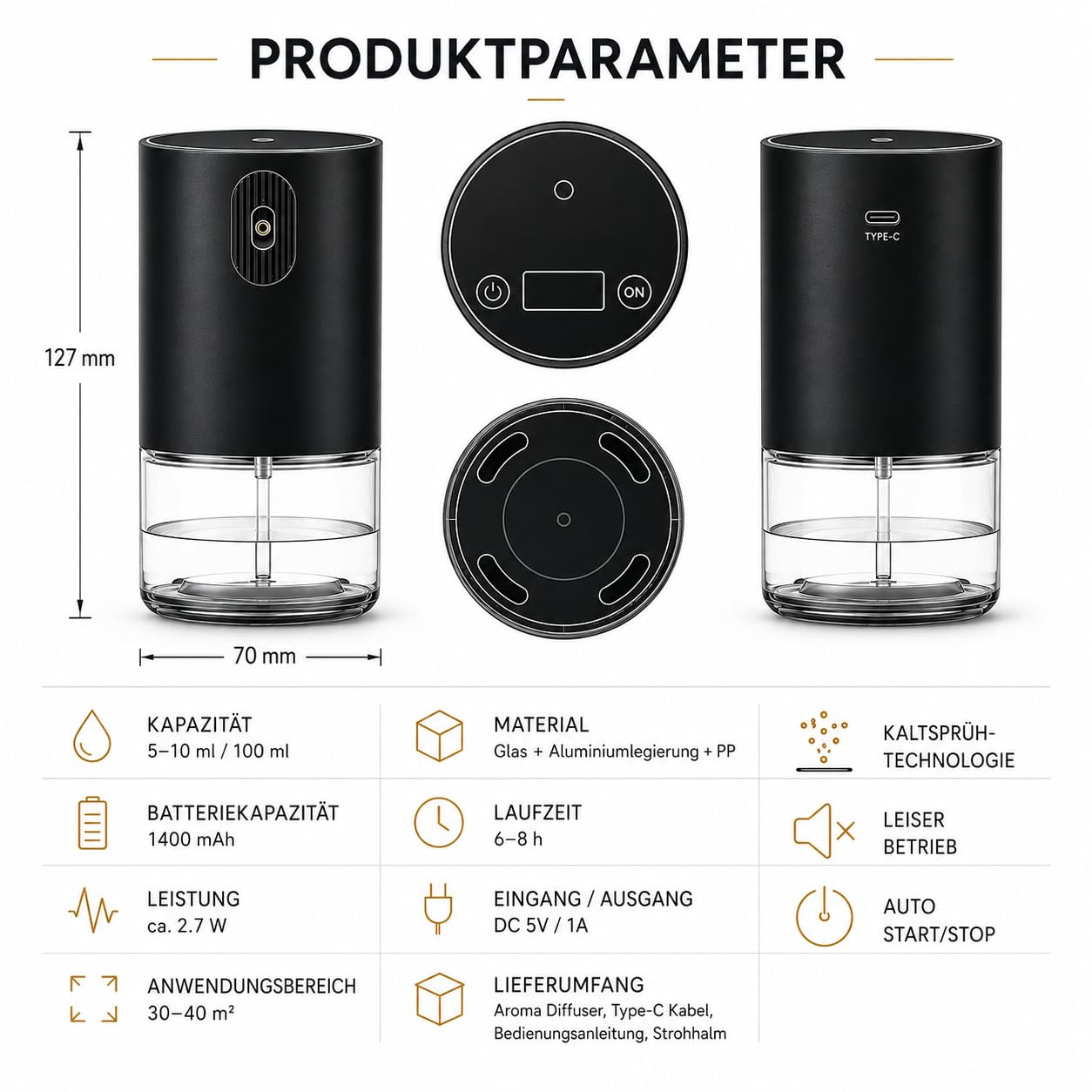 Diffuser, Lime Essence Duft 50ml, Elektrischer Auto Lufterfrischer mit Akku, Intelligenter KI-CHIP, Timer & LED Licht, Autoparfum & Raumduft für Auto, Büro & Zuhause (Schwarz) (Lime Essence)
