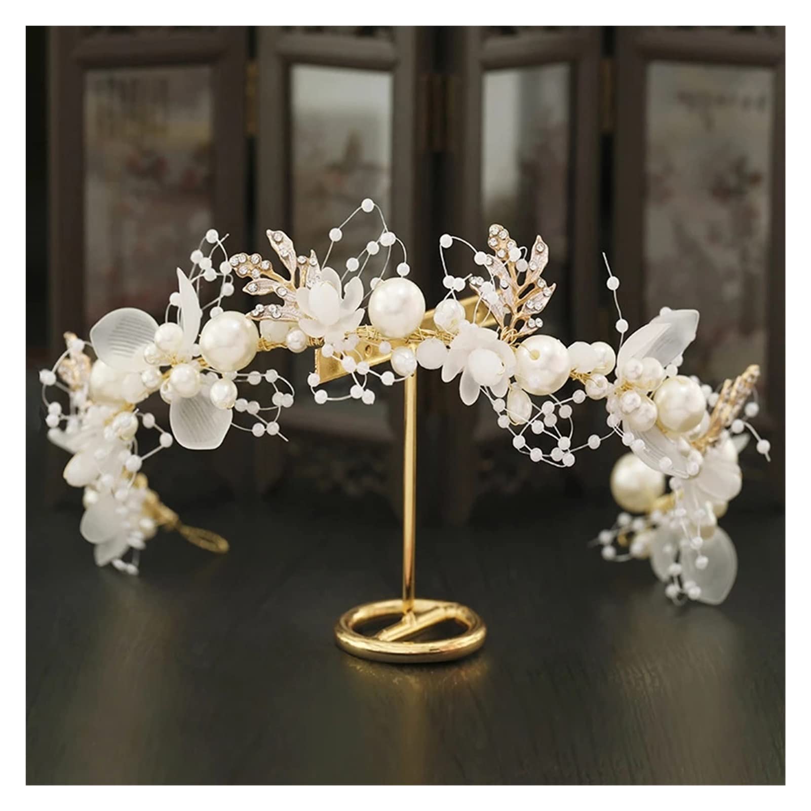 Tiara de flores de cristal dorada para peinados de boda y eventos