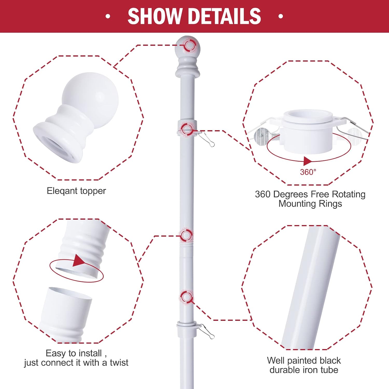yacawa Flag Pole Kit for House with Holder 5ft Stainless Steel White Flagpole Wall Mounted Tangle Free American Flagpole for Residential Porch Garden Yard Truck Boat Commercial with Bracket