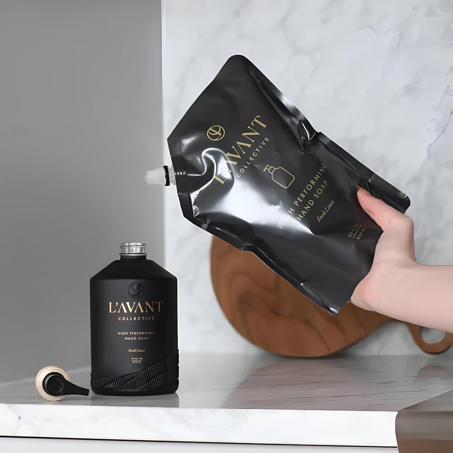 L'AVANT Collective Hand Soap & Refill Bundle Fresh Linen | High Performing with Aloe Leaf Juice Notes of Bamboo, Ylang Ylang, Jasmine, Geranium, Sage Reusable Glass Bottle Kitchen Home Decor Gifts