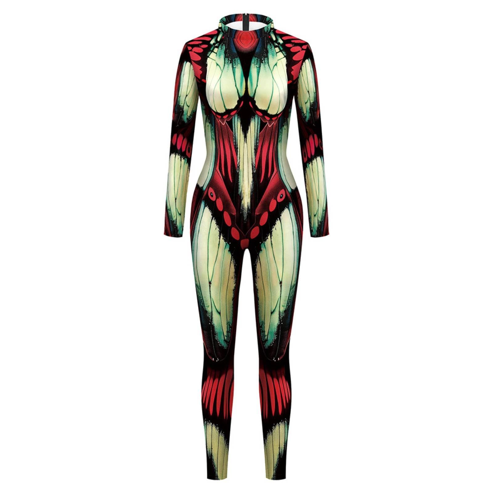 Elastic Butterfly Print Jumpsuit Slimming Fit Full Body Cosplay Suit Breathable Textile Long Sleeve Printed Unitard for Cosplayers, Performers, Women, Halloween, Stage Performance, Parties, M-image-27