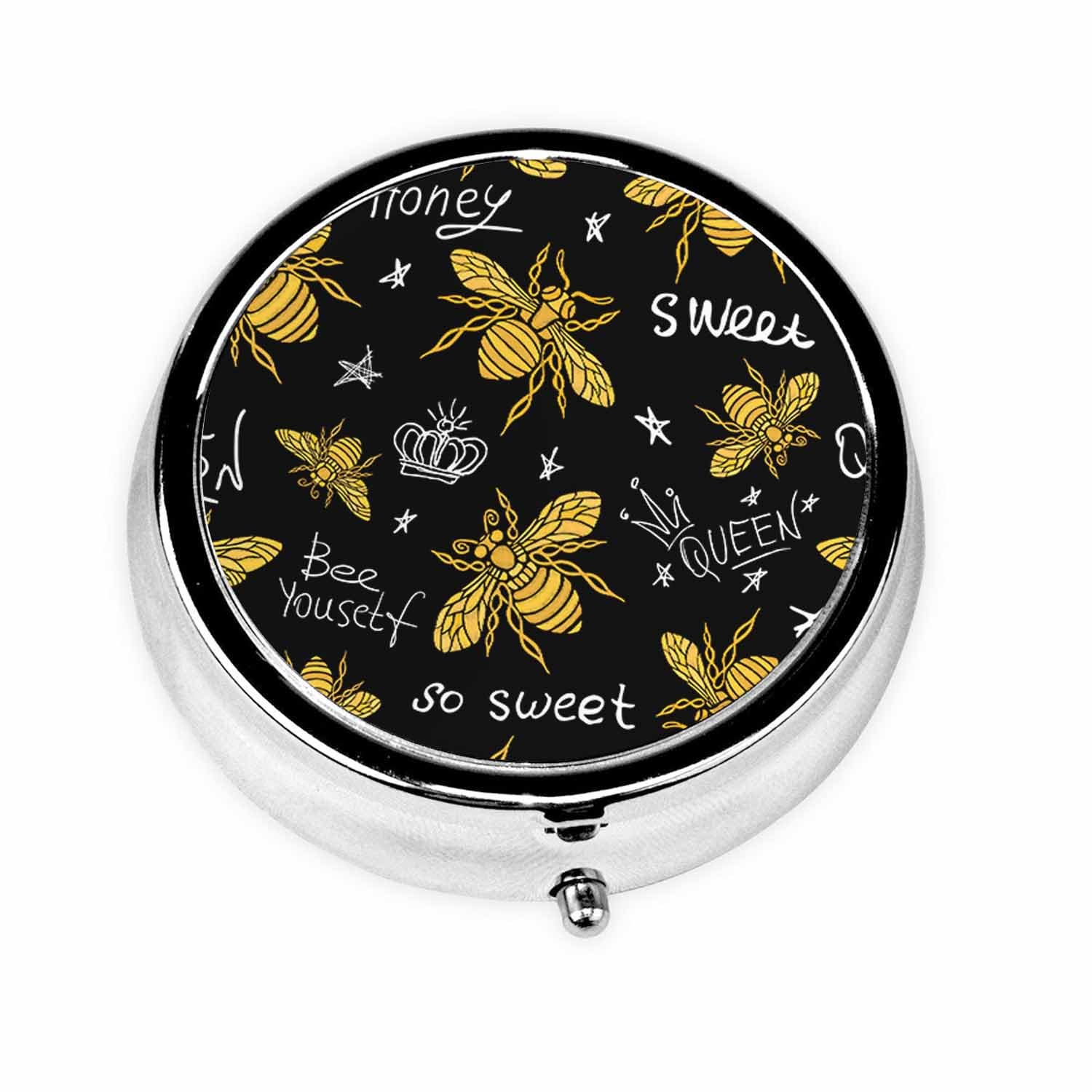 Medicine Pill Case Gold Bee Sweet Honey Portable Pill Box for Pocket Metal Medicine Vitamin Organizer 3 Compartment