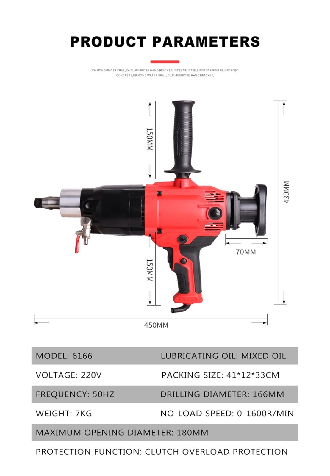 Taladro de agua de diamante eléctrico 1600r/min máquina de perforación de torsión de ingeniería Mini taladro de mano herramienta eléctrica Max.180MM Para uso de bricolaje(Bracket)