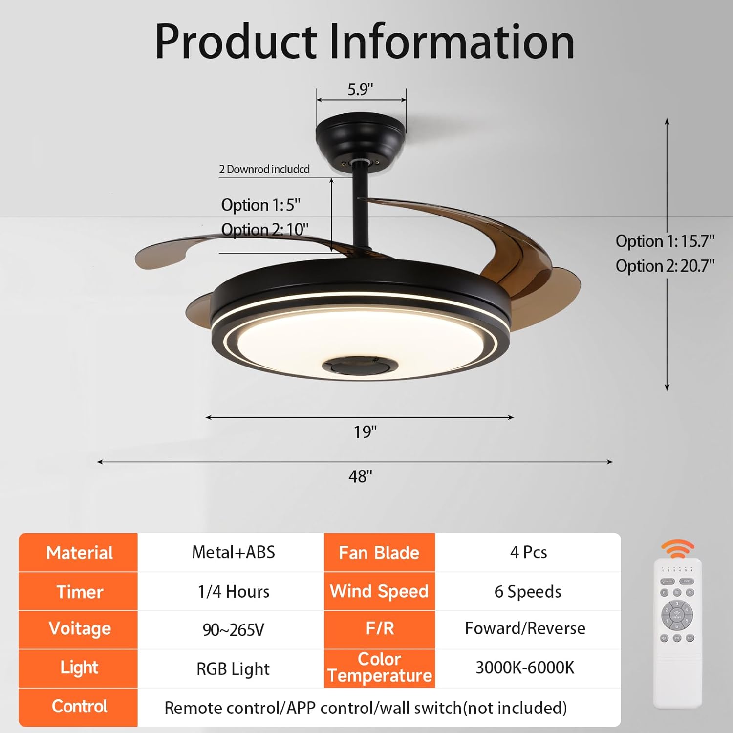 48 Inch Smart Retractable Ceiling Fan with RGB Speaker, Remote Control, Dimmable 6-Speed Reversible Function, Ideal for Living Room and Bedroom Lighting and Ventilation